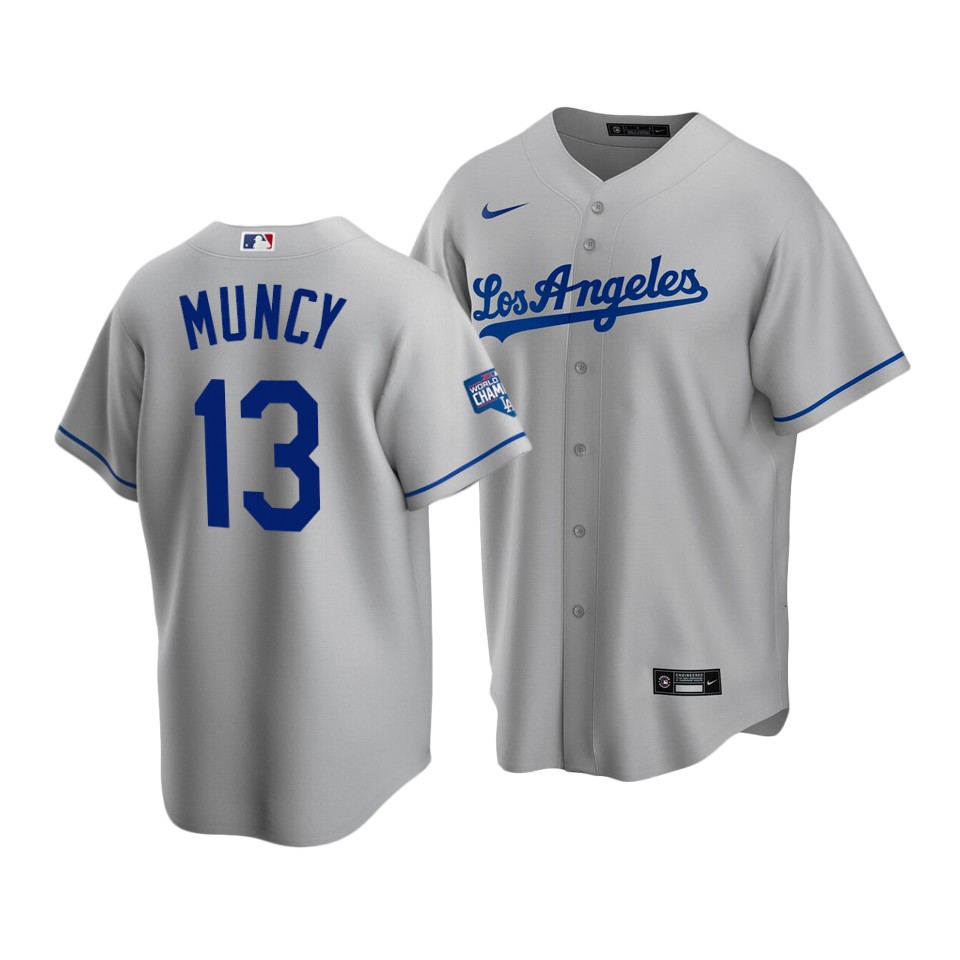 Men's Los Angeles Dodgers #13 Max Muncy Grey 2020 World Series Champions Home Patch Stitched Jersey